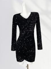 Onbely Shiny Velvet Sequin Bodycon Mini Dress V-Neck Cocktail Dress