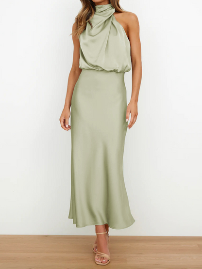 Onbely mi-longue robe unicolore satin sans manches taille haute élégant invité mariage