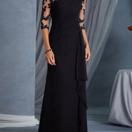 Onbely Volantée Robe en Dentelle Longue Transparent de Soirée avec Col Rond