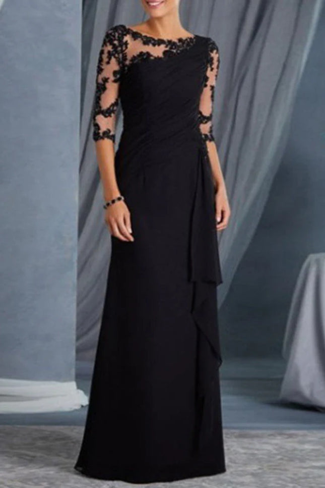 Onbely Volantée Robe en Dentelle Longue Transparent de Soirée avec Col Rond