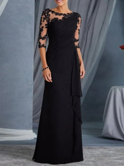 Onbely Volantée Robe en Dentelle Longue Transparent de Soirée avec Col Rond