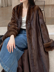 Onbely women's long brown faux fur coat