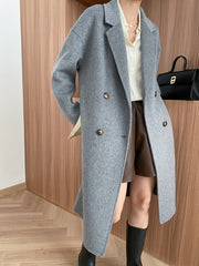 Onbely Women's Long Double-Breasted Wool Coat with Lapel Collar