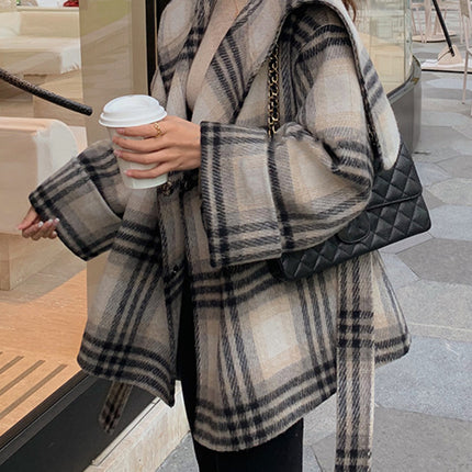 Onbely manteau en laine carreaux avec ceinture col marin femme mode