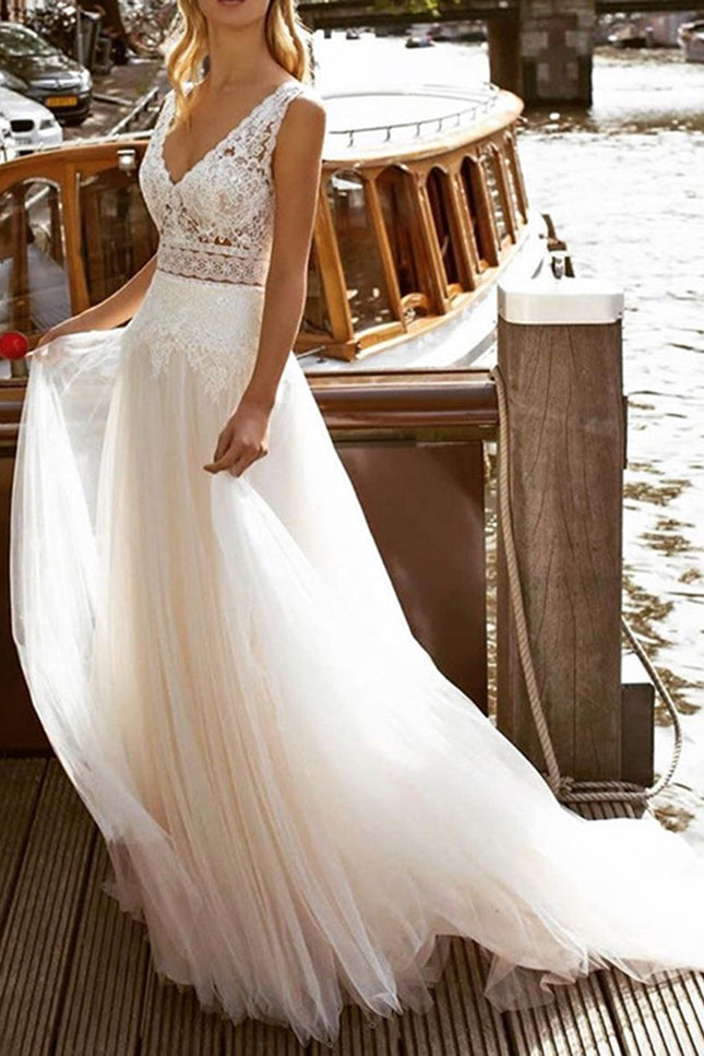 Onbely robe maxi longue de mariée princesse Col en V bohème boho dress