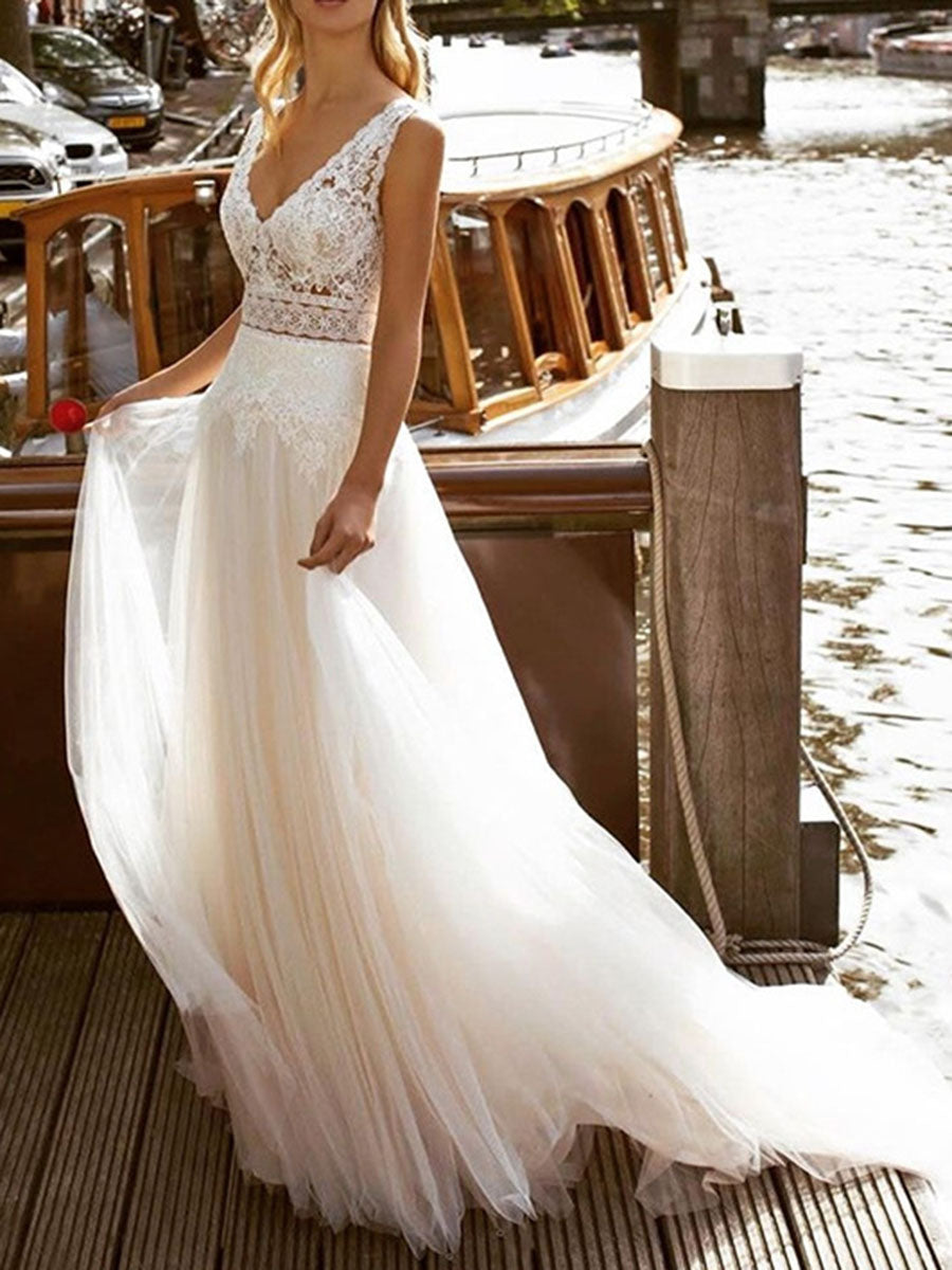 Onbely robe maxi longue de mariée princesse Col en V bohème