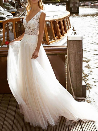 Onbely robe maxi longue de mariée princesse Col en V bohème