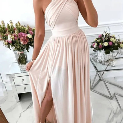 Onbely robe longue fluide fendue sur le côté col licou dos nu bretelles col en V sans manches femme élégante soirée bal de promo cérémonie