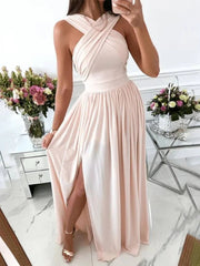 Onbely robe longue fluide fendue sur le côté col licou dos nu bretelles col en V sans manches femme élégante soirée bal de promo cérémonie