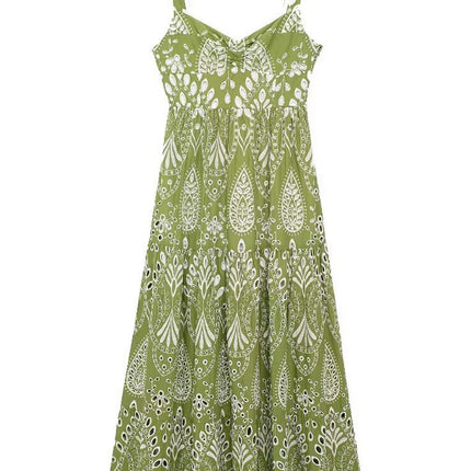 Onbely robe de soirée longue brodée motif cachemire vert sans manches à fines brides pour bal et plage -boho dress