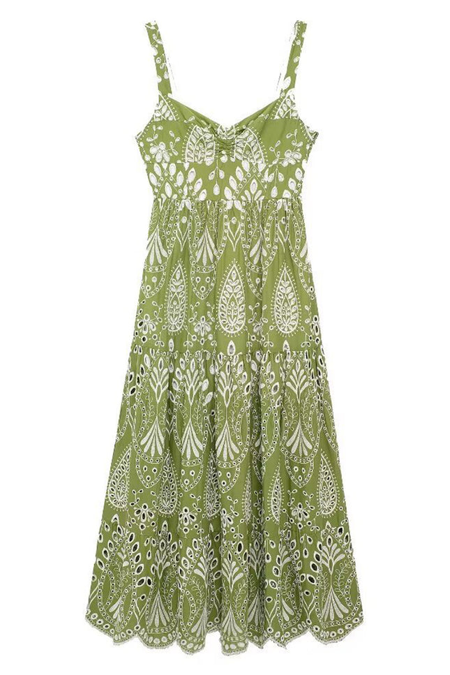 Onbely robe de soirée longue brodée motif cachemire vert sans manches à fines brides pour bal et plage -boho dress