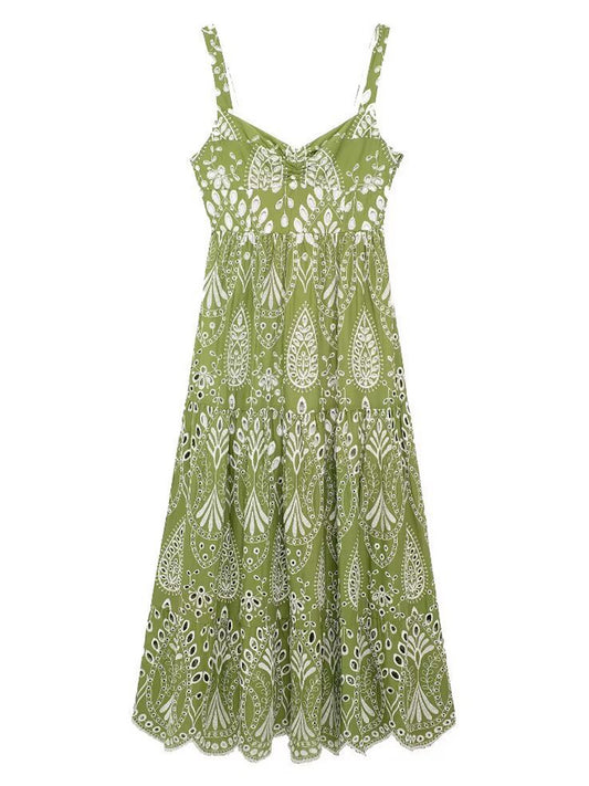 Onbely robe de soirée longue brodée motif cachemire vert sans manches à fines brides pour bal et plage