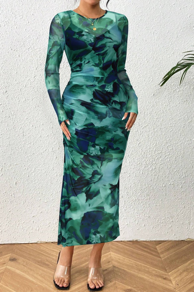 Onbely robe longue moulante tie and dye géométrique col rond manches longues élégant tous les jours