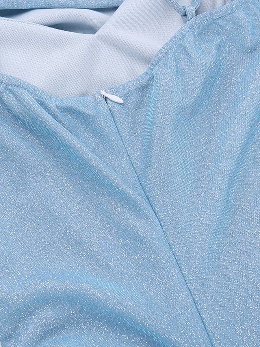 Onbely Robe de soirée longue et moulante brillante paillette à fines brides bleue
