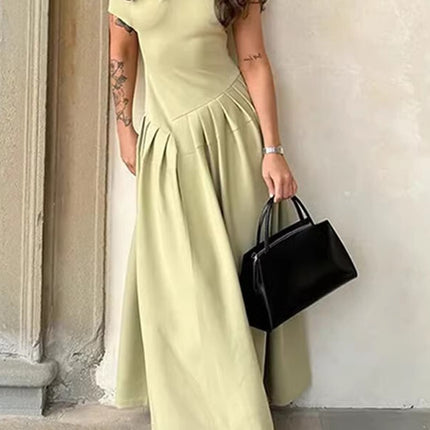 Onbely robe longue trapèze unicolore plissé col asymétrique mode tous les jours bureau