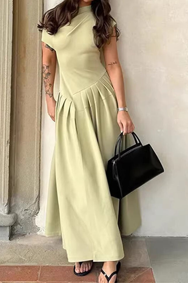 Onbely robe longue trapèze unicolore plissé col asymétrique mode tous les jours bureau