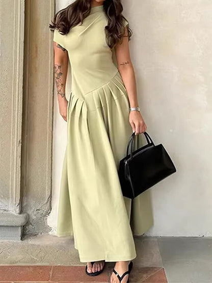 Onbely robe longue trapèze unicolore plissé col asymétrique mode tous les jours bureau