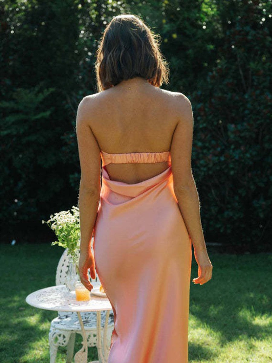 Onbely robe longue jupe crayon unicolore dos nu épaules dénudées col bateau élégant soirée bal de promo