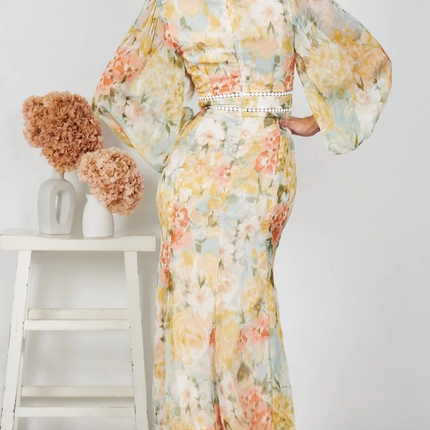 Onbely Robe mousseline fendu à imprimé floral V-col manches longues élégant