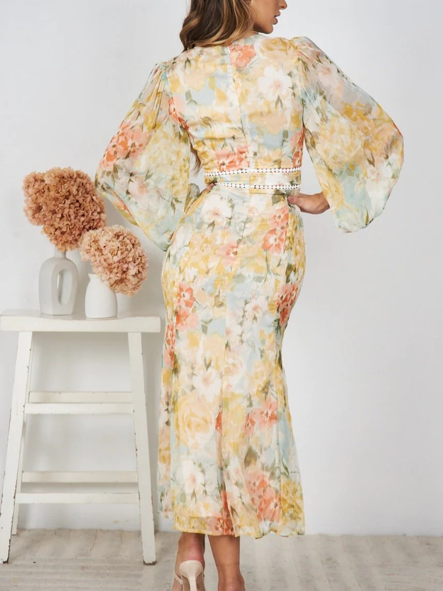 Onbely Robe mousseline fendu à imprimé floral V-col manches longues élégant