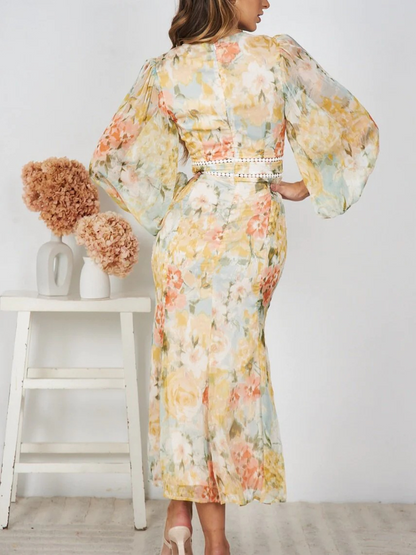 Onbely Robe mousseline fendu à imprimé floral V-col manches longues élégant