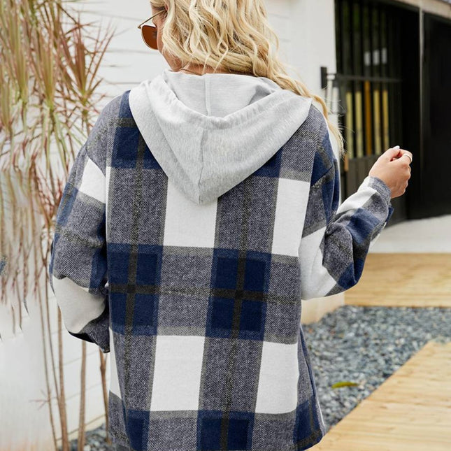 Onbely surchemise femme à carreaux avec capuche boutonnage poches manches longues style vintage décontracté veste