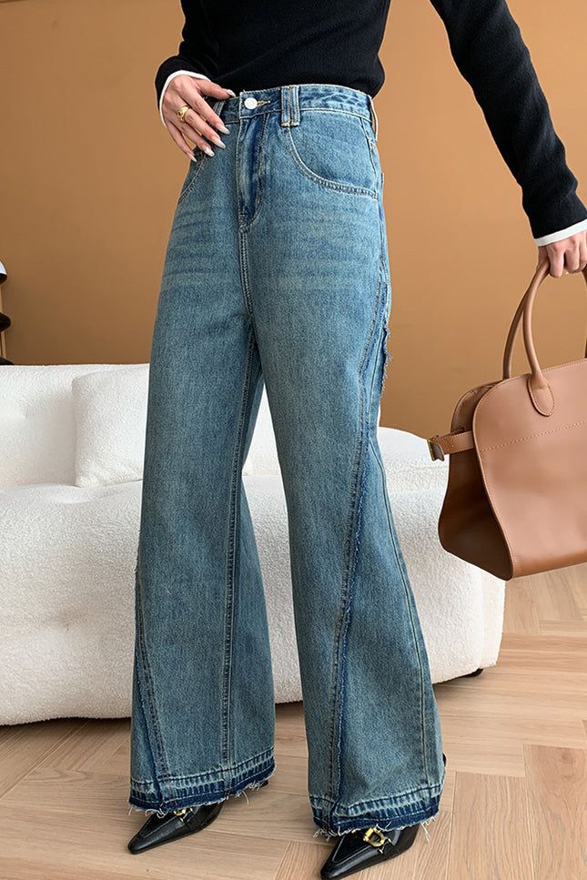 Onbely Jeans Longs Flare Évasé Vintage pour Femme avec Poches et Fermeture Éclair