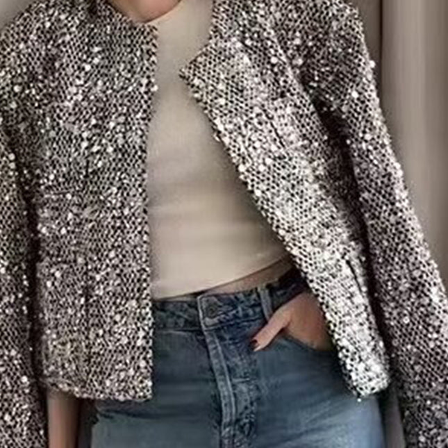 Onbely veste en tweed brillante paillette col rond femme Argent