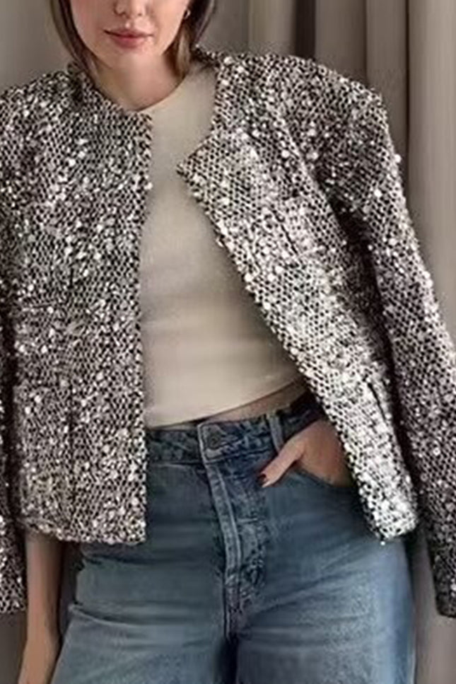 Onbely veste en tweed brillante paillette col rond femme Argent