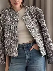 Onbely women's round neck shiny sequin tweed jacket Silver