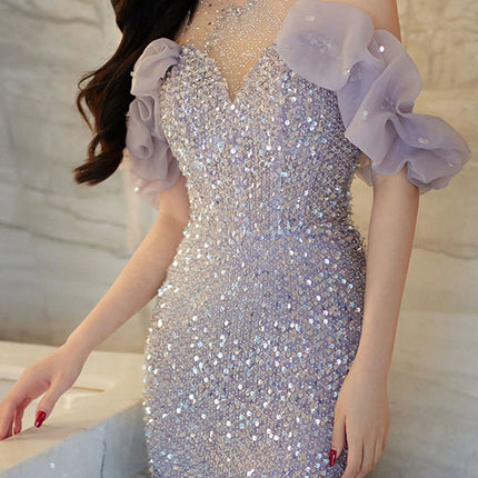 Onbely robe de soirée maxi longue en paillettes brillantes à licou violet pour un mariage femme cérémonie