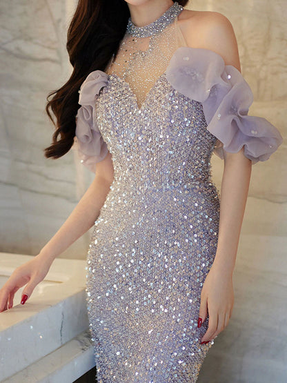 Onbely robe de soirée maxi longue en paillettes brillantes à licou violet pour un mariage femme cérémonie
