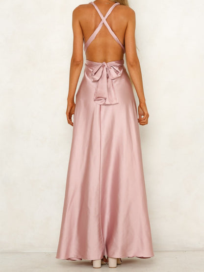 Onbely robe de soirée longue unicolore dos nu col en V licou/ras-du-cou taille élastique élégant invité mariage bal de promo