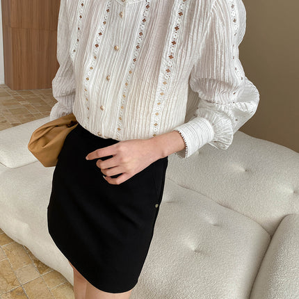 Onbely chemise creuse vintage blanche à col montant et manches longues