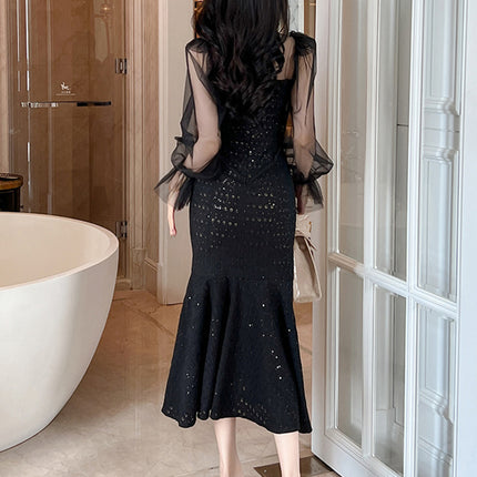 Onbely Robe de soirée longue moulante brillante paillettes sirène noir pour un mariage