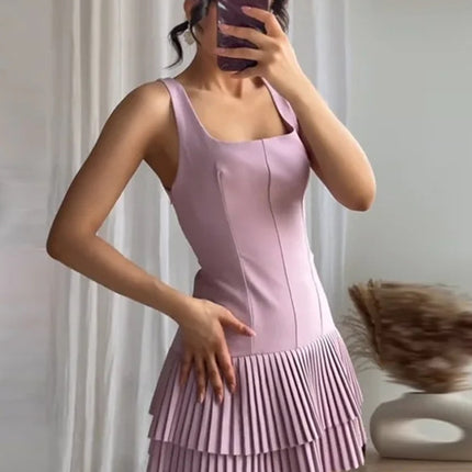 Onbely robe courte plissé bretelle col carré mode