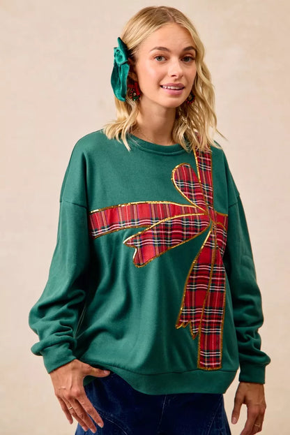 Sweat de Noël en polaire à ruban écossais et nœud décoratif