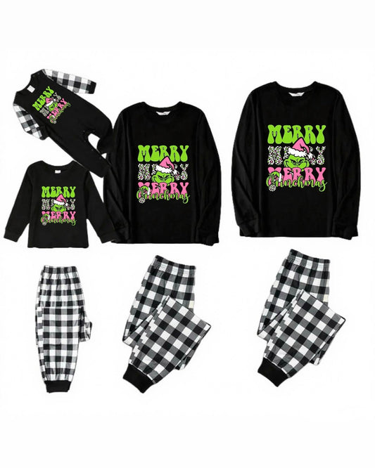 Pyjamas de Noël familiaux à carreaux noirs et blancs Pink Grinch