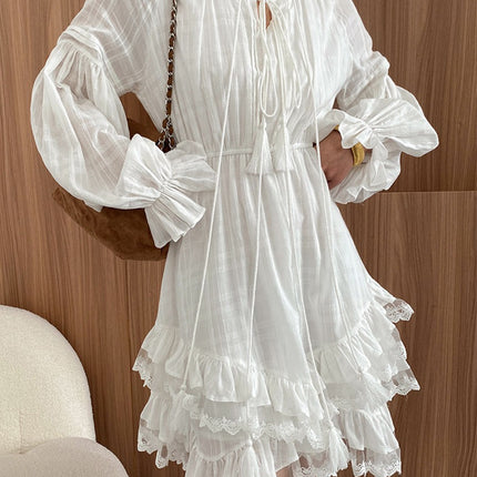 Onbely robe courte gâteau dentelle strappy manches longues bohème blanc boho dress