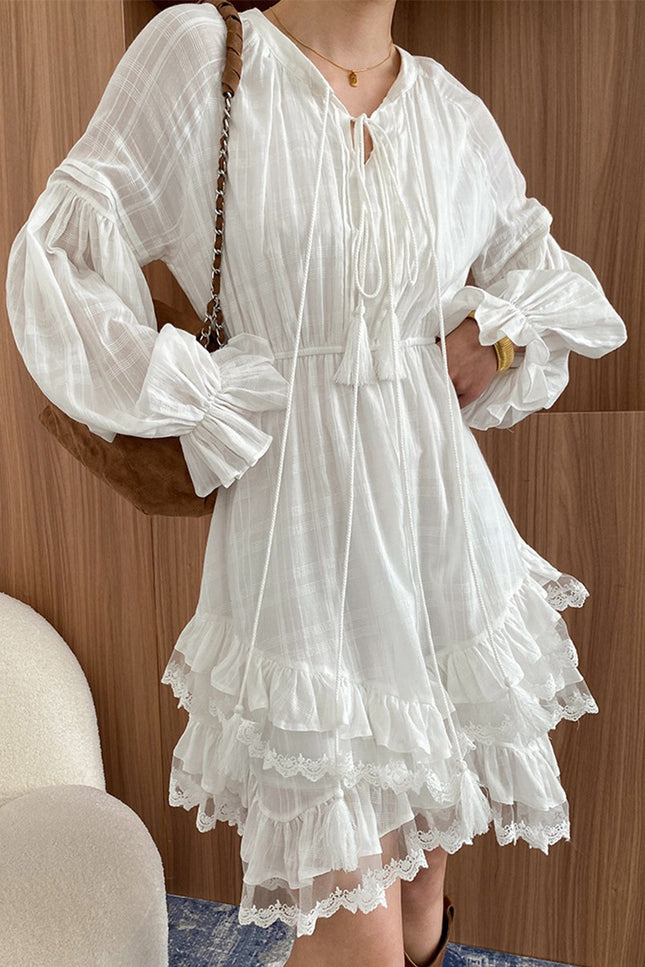 Onbely robe courte gâteau dentelle strappy manches longues bohème blanc boho dress