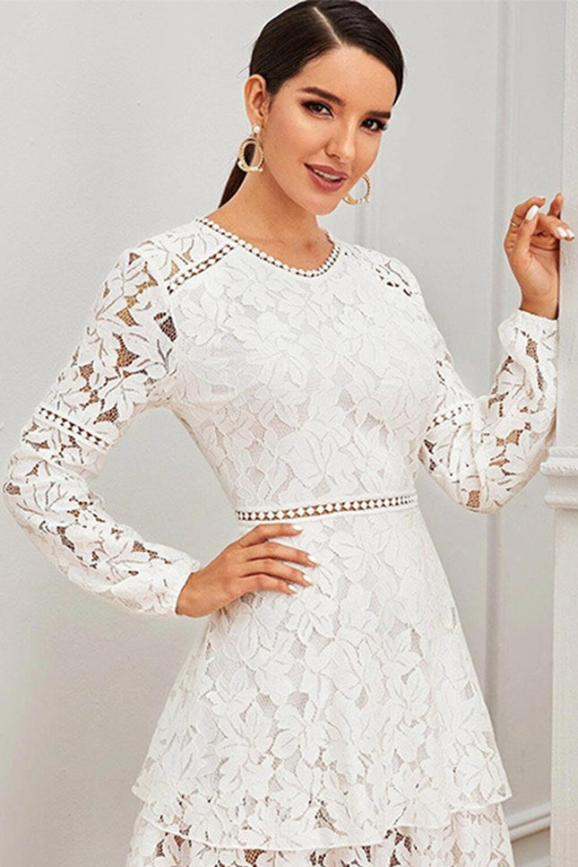 Onbely robe courte trapèze unicolore dentelle manches longues taille marquée élégant tous les jours bureau