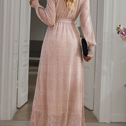 Onbely robe longue de soirée fendu le côté ceinture brillante paillette manches longues