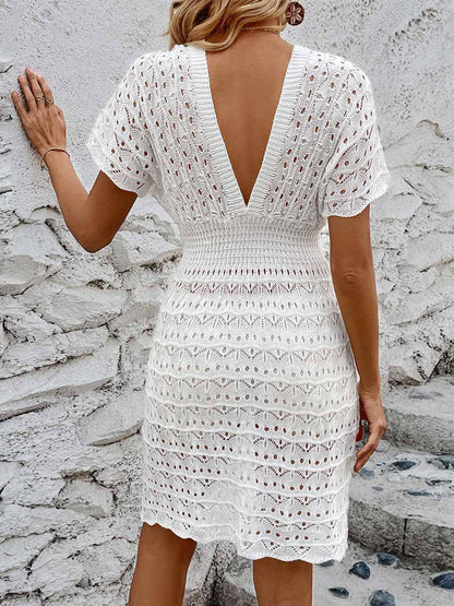 Onbely mi-longue robe unicolore col en V manches au coude taille élastique hawaienne vacances plage