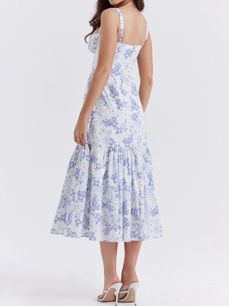 Onbely robe de soirée Mi-Longue Imprimée à Fleurs à Fines Brides pour Bal de Promo
