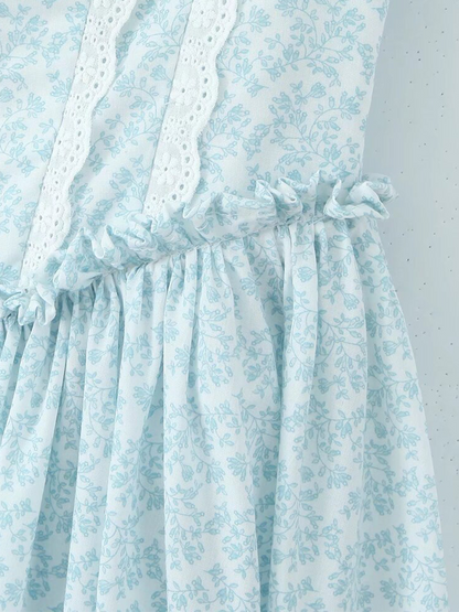 Onbely mi-longue robe imprimé à fleurie dentelle à fines brides Chic cocktail Bleu
