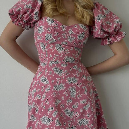 Onbely robe courte trapèze fleurs dos nu col carré manches bouffantes manches courtes taille marquée doux tous les jours vacances