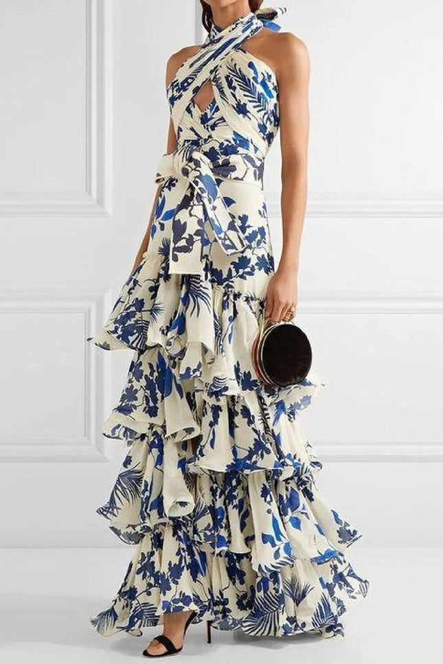 Onbely Robe longue bohème élégante à imprimé fleuri avec licou et ourlet froufrou pour vacances et bal