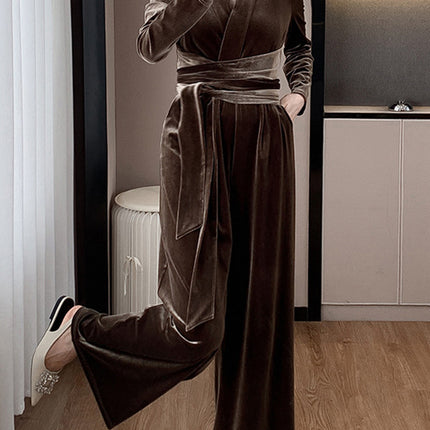 Onbely combinaison velours strappy Col en V manches longues femme élégant