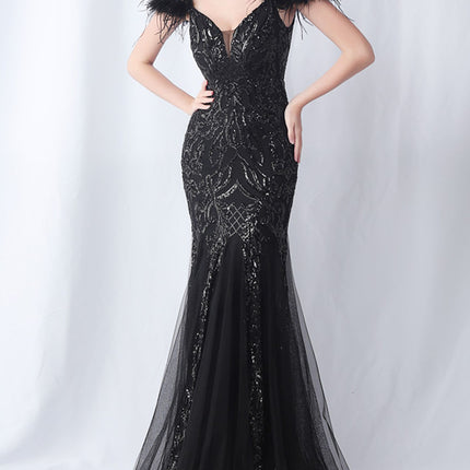 Onbely robe de soirée maxi longue en paillettes brillantes avec plumes pour un mariage femme cérémonie