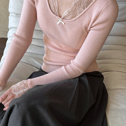 Onbely pull en maille dentelle Col en V manches évasées femme élégant